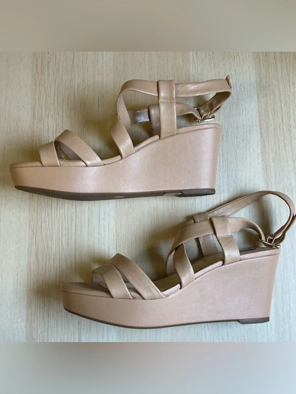 Alex Marie Nude/Tan Crisscross Wedge Sandals with Buckle, Women’s Size 9